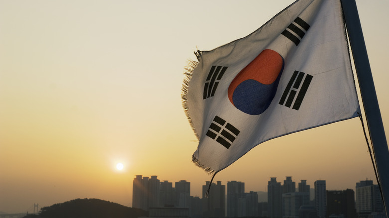 Korean flag waving at sundown