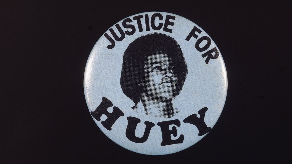 A political pin a picture of Huey Newton reading 'Justice for Huey,' circa 1967