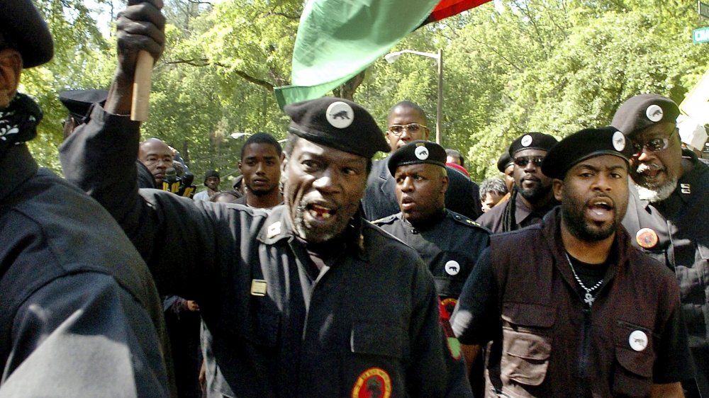 New Black Panther Party members march toward the gates of Duke University on May 1, 2006 