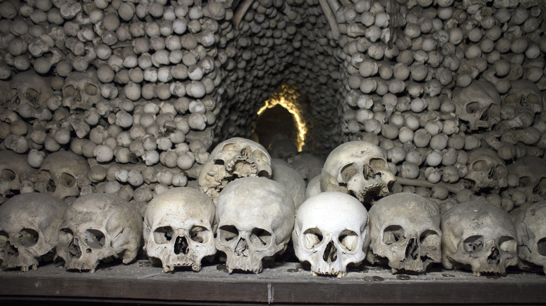 Underground ossuary containing skulls and femurs