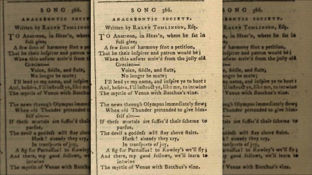 First known publication of the lyrics of "The Anacreontic Song", from "The Vocal magazine", 1778