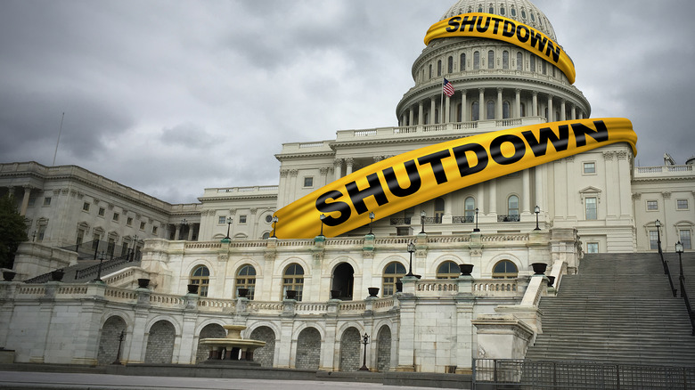 Capitol building wrapped with yellow shutdown tape