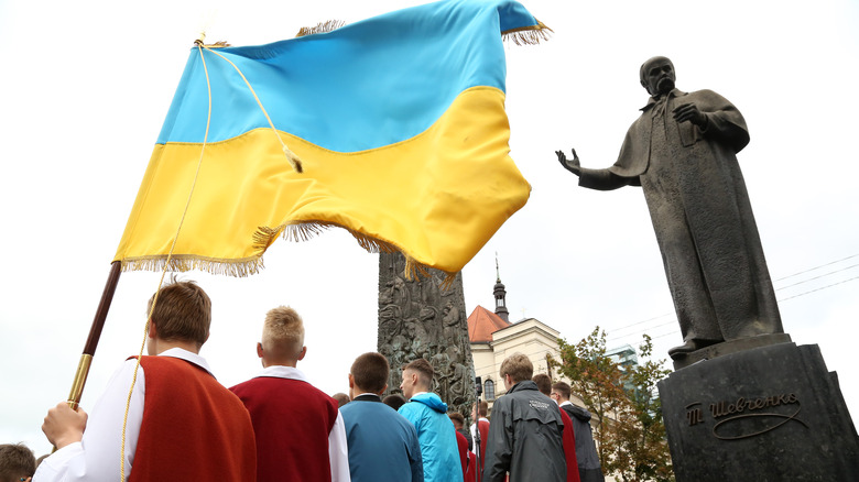 Taras Shevchenko statue Ukrainian flag