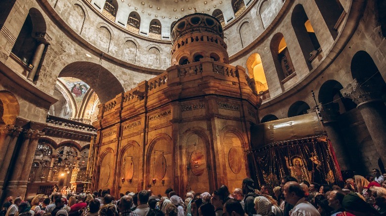 Pilgrims praying inside church