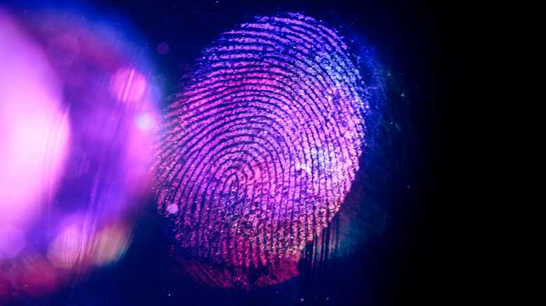 A violet fingerprint with a blurry violet light in the background