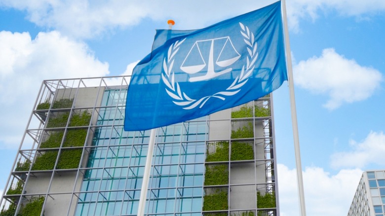 Flag in front of the international criminal court headquarters