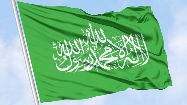 Green hamas flag waving in blue sky