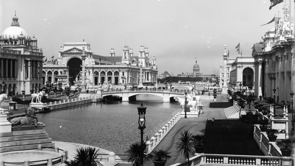 A view of the reflecting pool traversed by several bridges and several Exposition buildings in the 1893 World's Fair