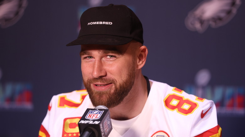 Travis Kelce speaks to media