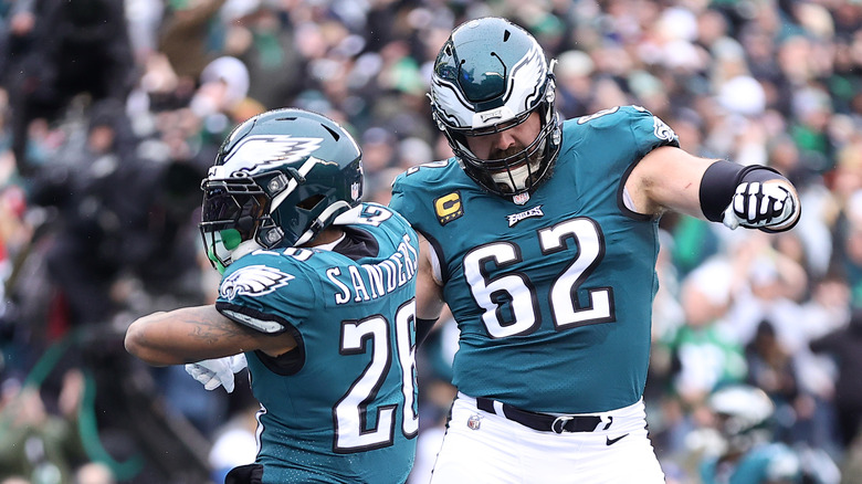 Jason Kelce celebrates with Miles Sanders