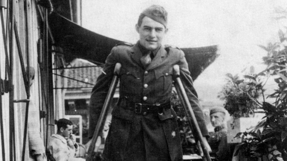 A young Ernest Hemingway on crutches