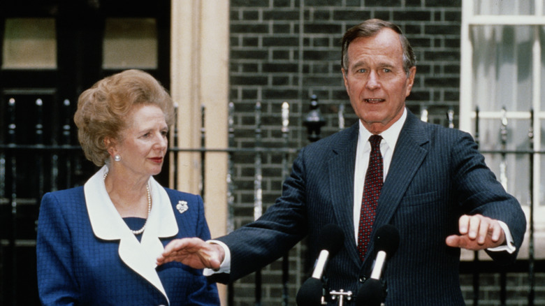 George H.W. Bush at 10 Downing Street with Margaret Thatcher giving a press conference