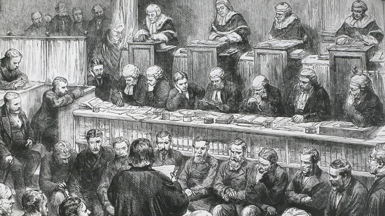 sketch of men in a 19th century London courtroom 