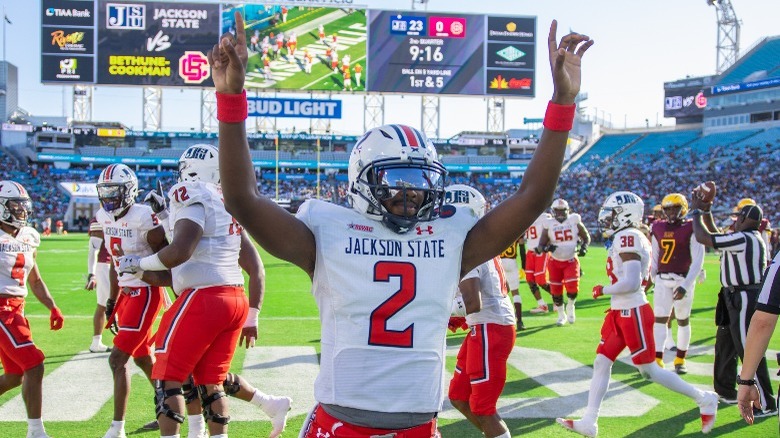 Jackson State football player celebrating