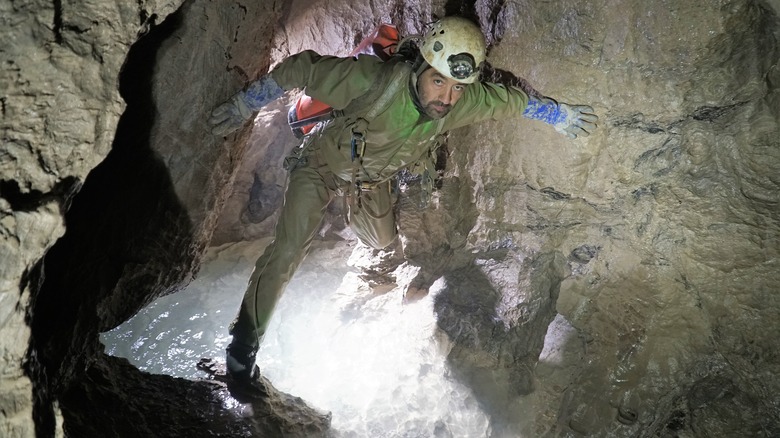 Caver in Veryovkina at 1,400 meters