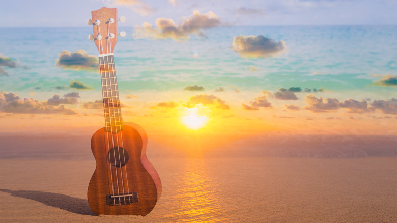 ukulele on sunlit beach clouds