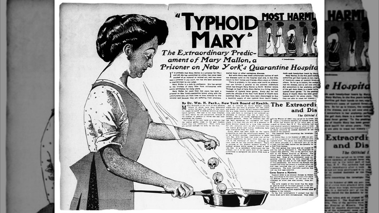 A newspaper depiction of "Typhoid Mary" cooking with eggs that look like skulls