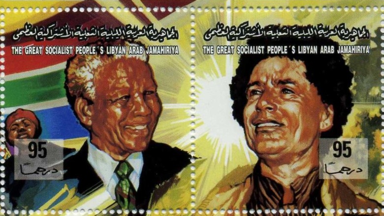 Stamp with Gaddafi and Mandela