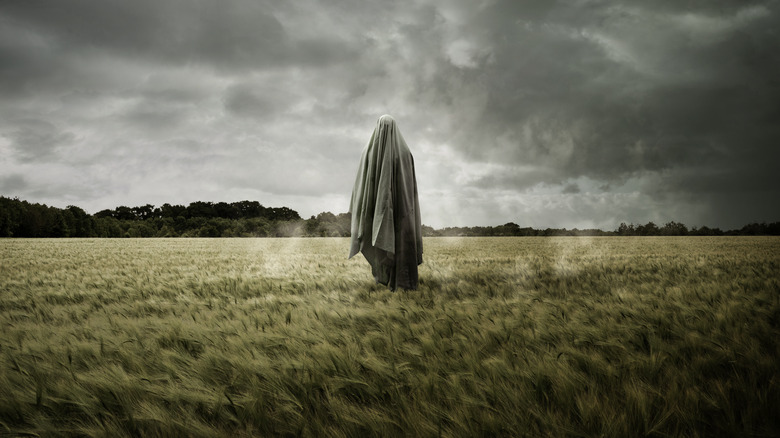 A sheet ghost standing in a field