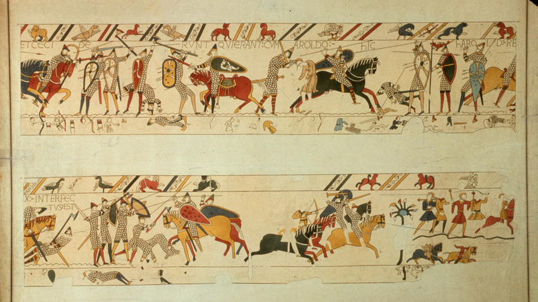 Part of the Bayeux Tapestry with King Harold II dying