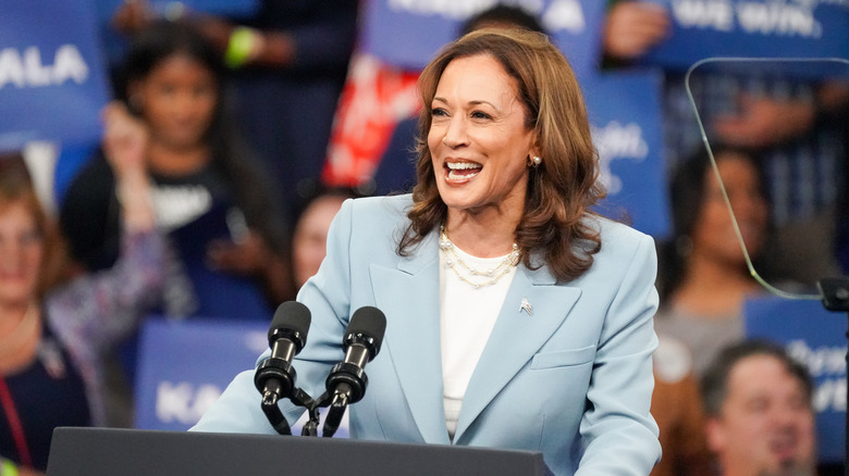 Kamala Harris speaking at podium