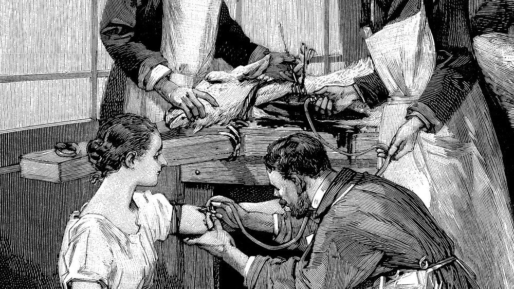 A tuberculosis patient being given a transfusion of goat's blood, 1891.