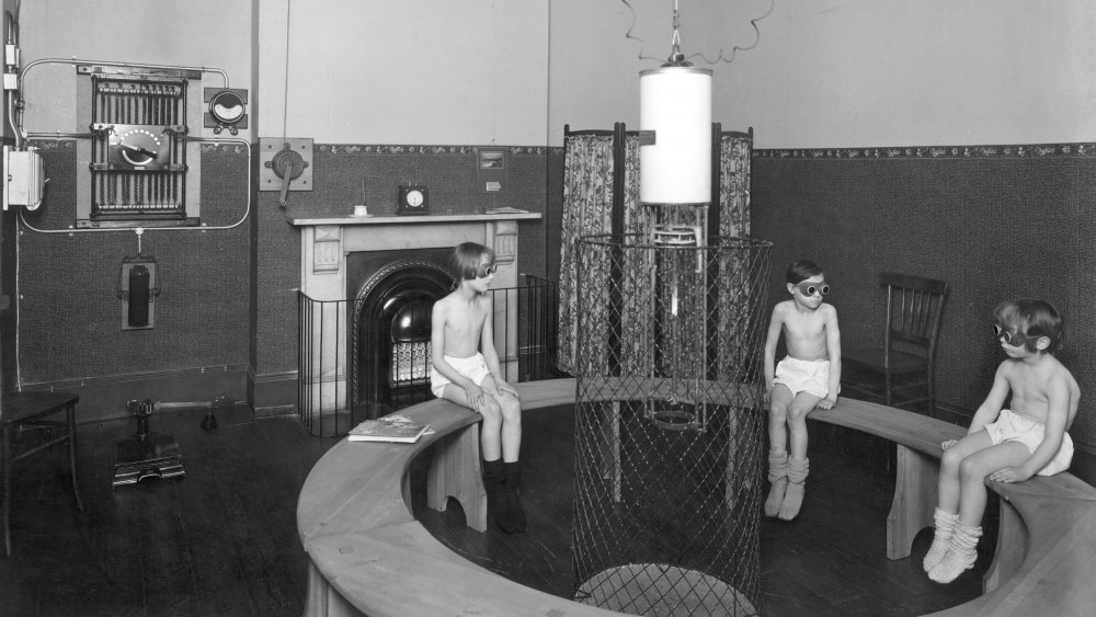 Treatment room, Belgrave Hospital for Children, London, 1928. Children are given artifical sunlight treatment to help combat tuberculosis at the Belgrave Hospital for Children. 