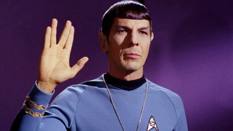 Screenshot of Leonard Nimoy as Spock giving Vulcan salute in Star Trek: The Original Series