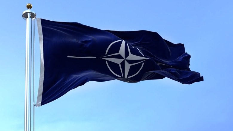 NATO billowing flag sky