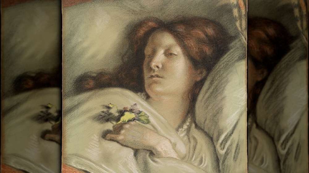painting of a sick woman lying in bed