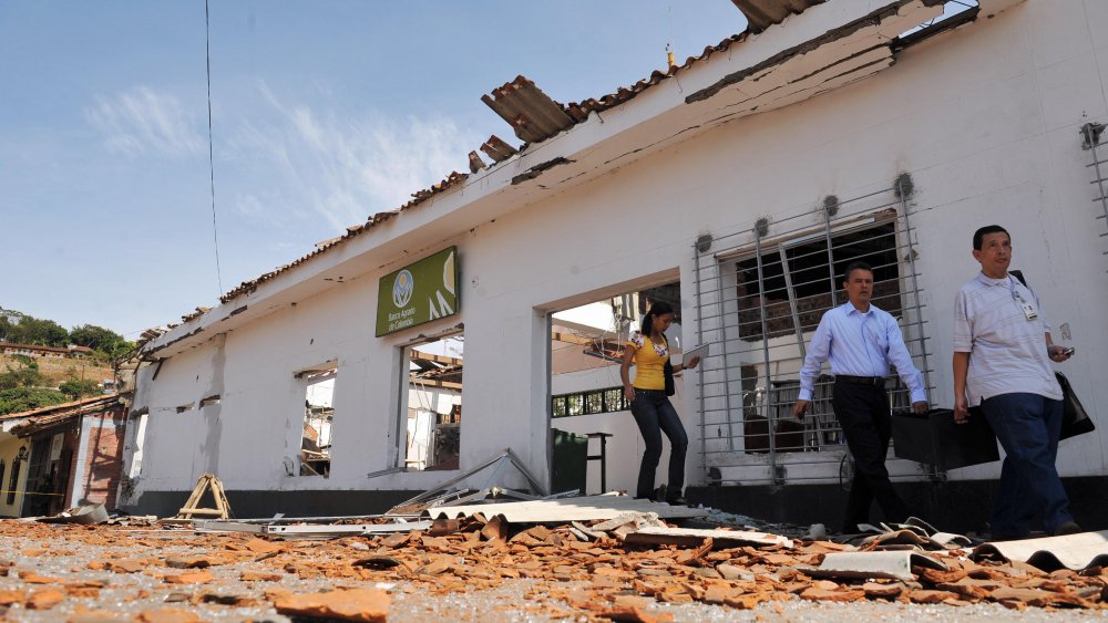 The ruins of a Colombian bank after a FARC attack