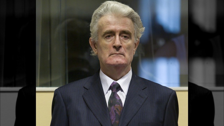 Radovan Karadzic frowning in court