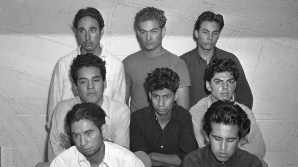 Group portrait of eight Mexican American males taken in for questioning in the 1942 Sleepy Lagoon murder investigation, Los Angeles, California