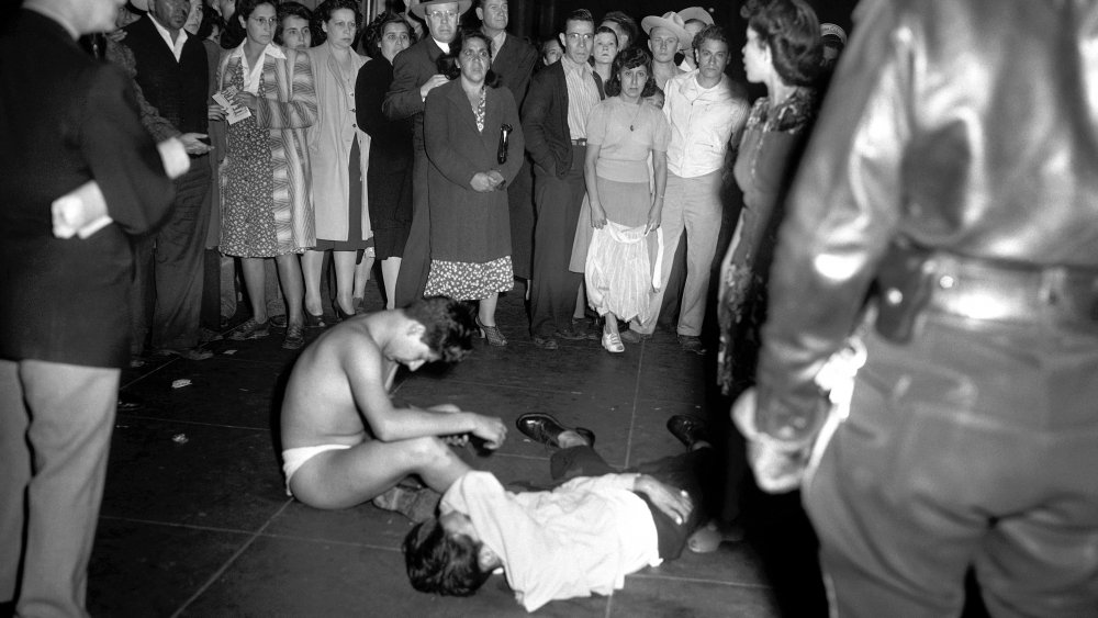 Victims of the Zoot Suit Riots, where raging bands of servicemen scoured the streets in Los Angeles looking for and beating zoot-suited youths in June, 1943. The servicemen blame the Mexican American pachucos for numerous unprovoked assaults on their colleagues.