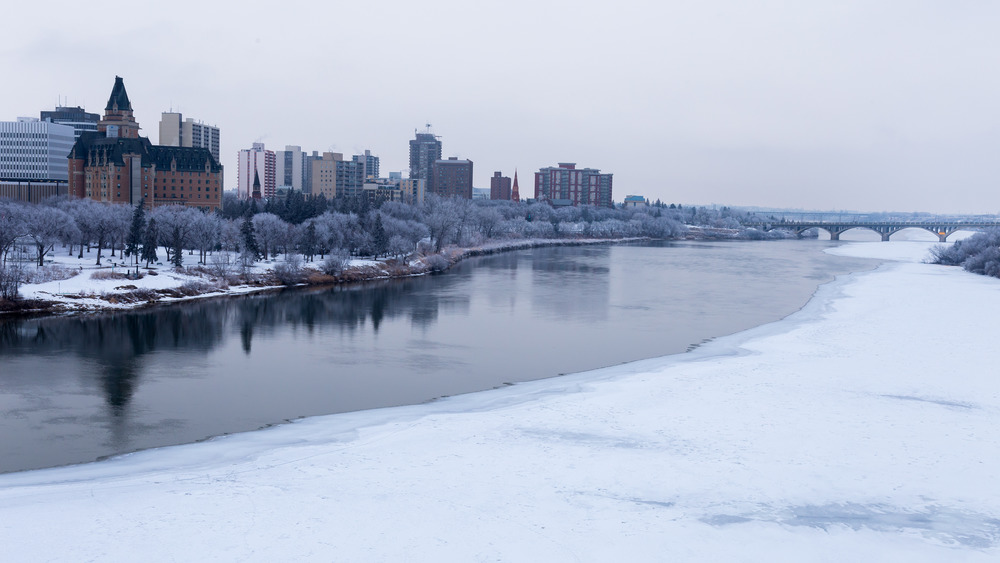 Frozen river in Saskatoon, Saskatchewan, Canada