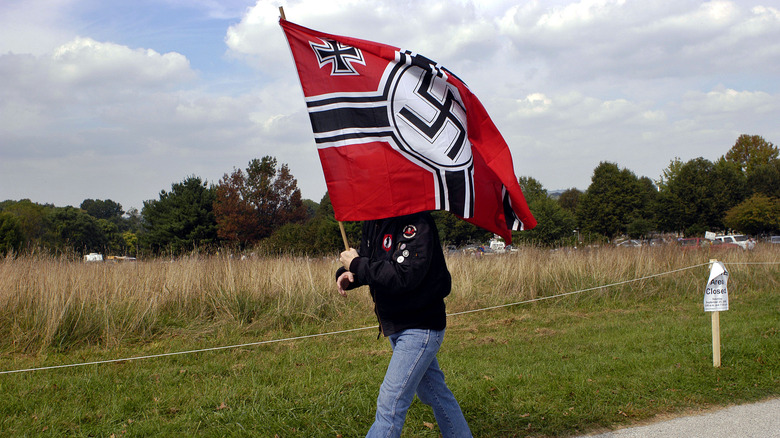 Person carrying American Nazi flag