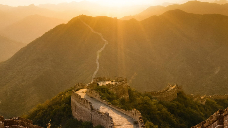 A segment of the Great Wall of China at sunset