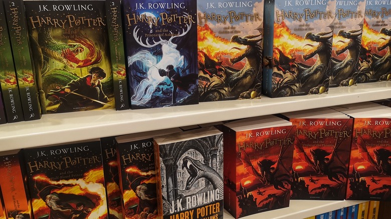 Harry Potter books on shelves