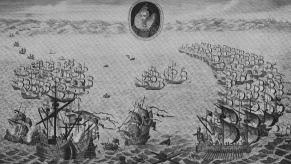 black and white drawing of Spanish Armada on open sea