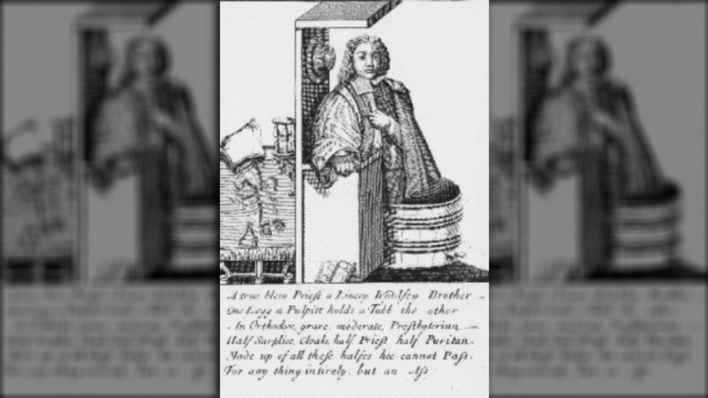 Bishop of Salisbury dressed in half-Anglican and half-Puritan garb