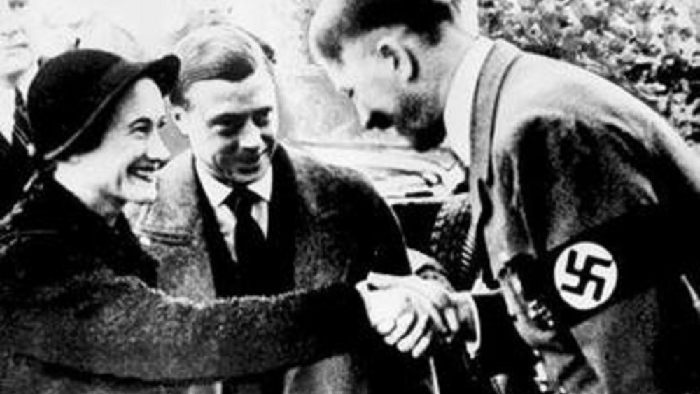 Cropped photo of Wallis Simpson and the Duke of Windsor meeting Nazi leader Adolf Hitler in 1937