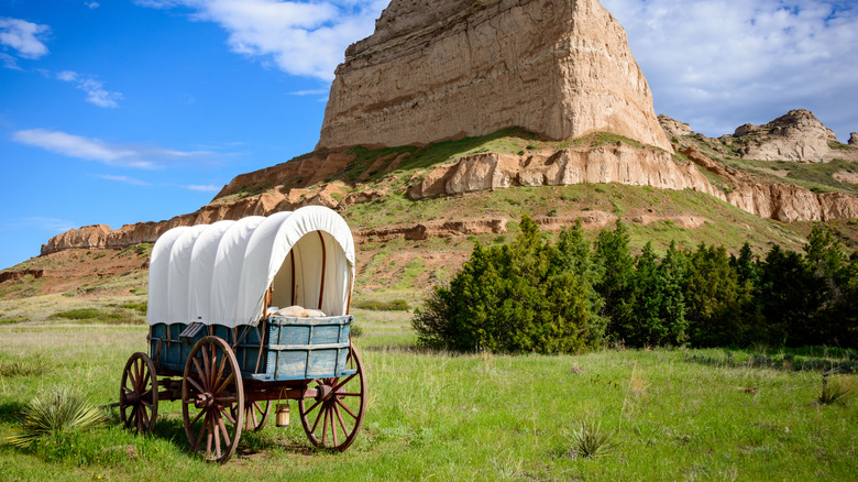 Empty covered wagon outdoors mesa