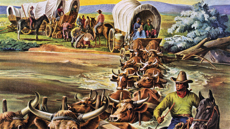 artistic rendering wagons crossing river