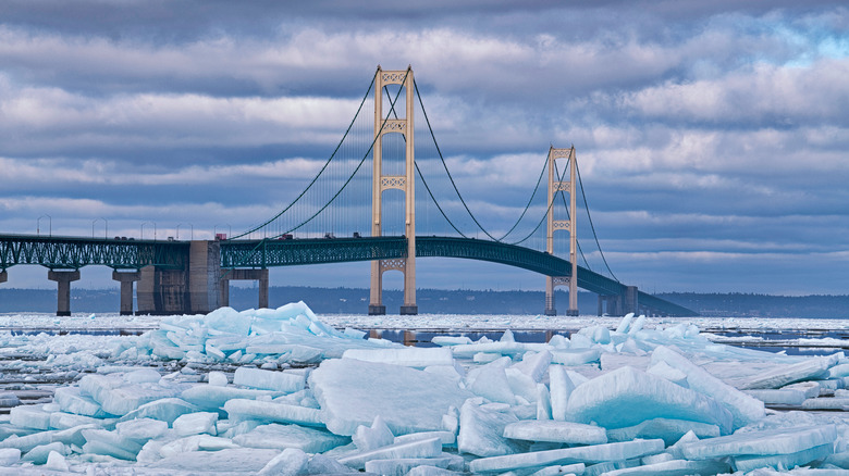 The Mackinac Bridge in winter