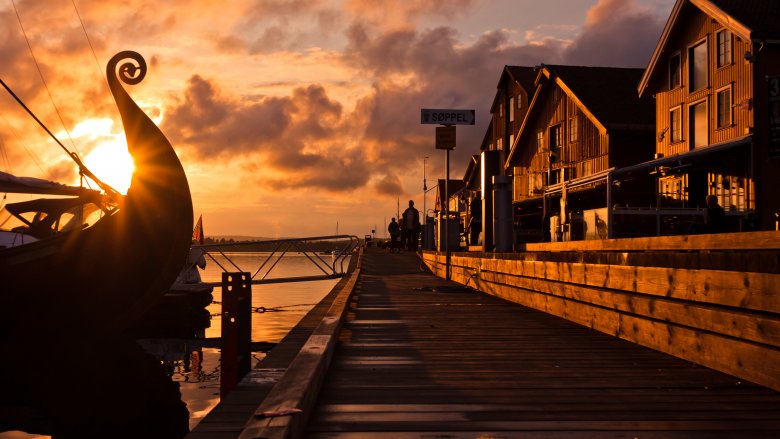 Viking boat at sunset at dock