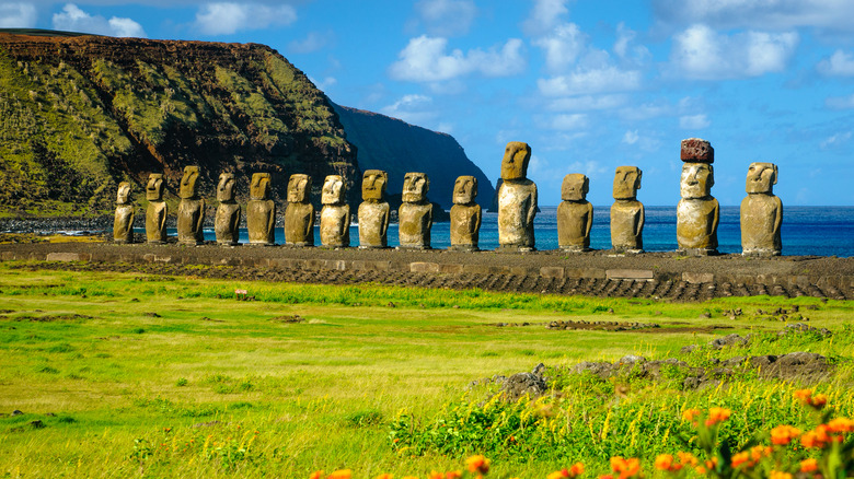 An aerial view of moais on the south east of Easter Island