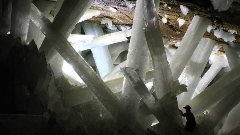 cave of crystals in mexico, with person for scale