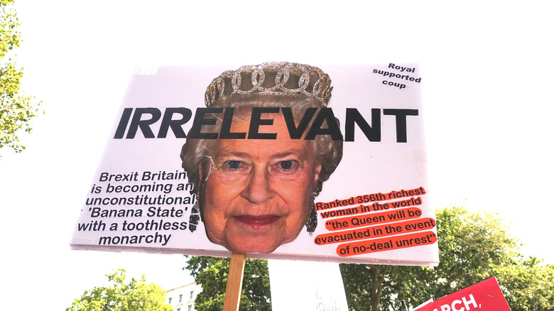 protester hoists an anti-monarchy sign