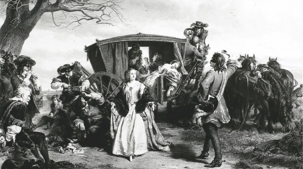 Dandy highwaymen robbing a woman in a stagecoach