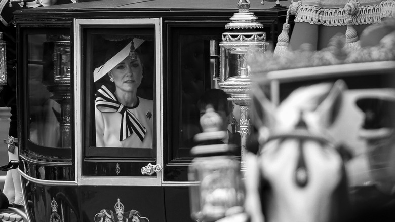 Kate in Royal carriage during Trooping of the Colour distant shot in black and white